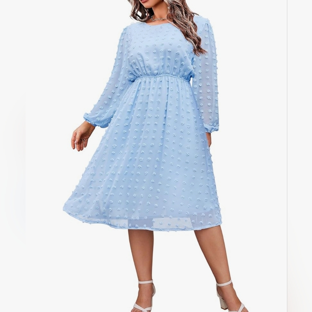 IN'VOLAND Swiss Dot Long Sleeve Chiffon Flowy Midi Dress, Light Blue, Size 18
